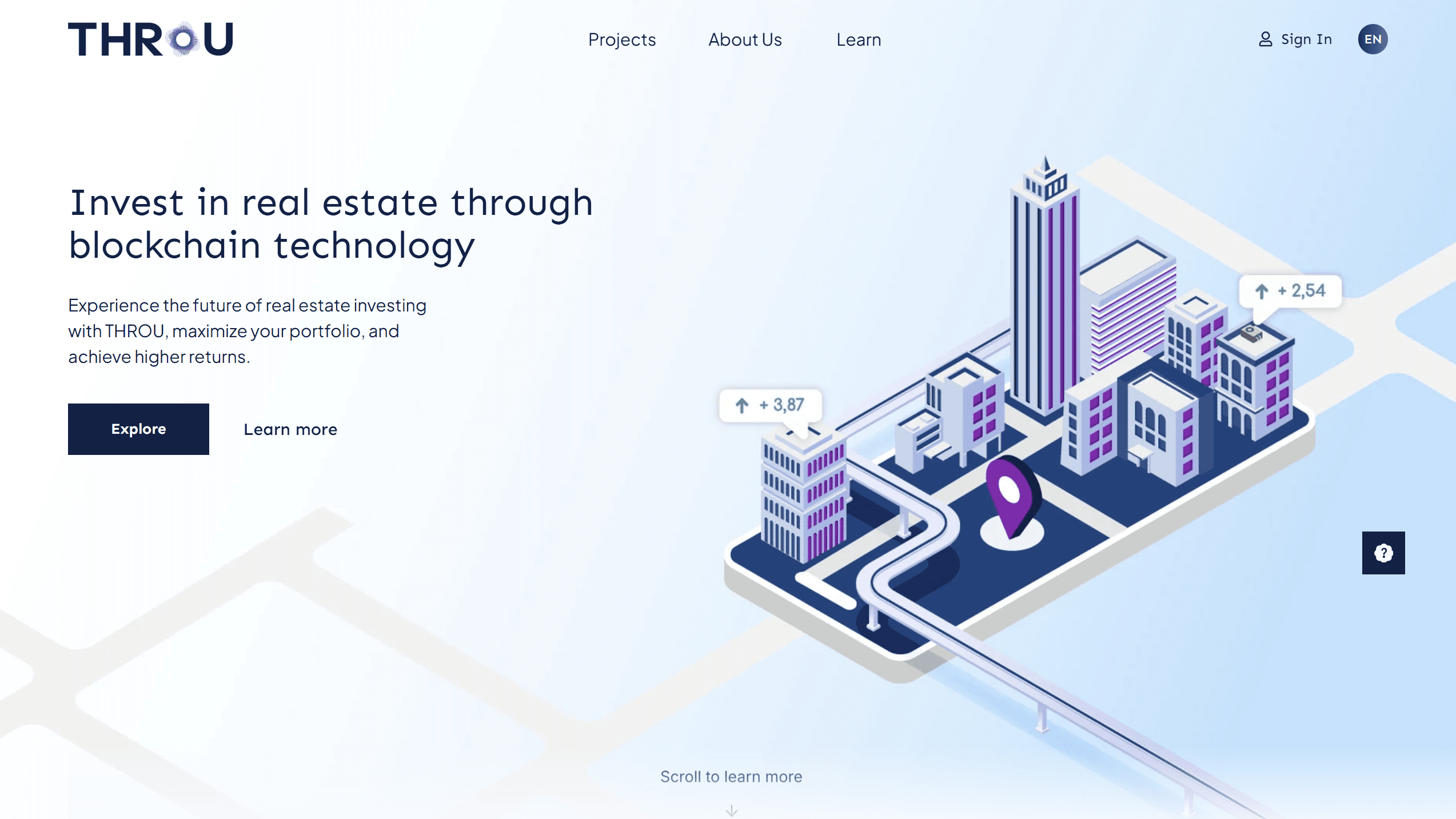 Throu landing page showing its tokenized real-estate investment proposition and illustrated property marketplace.