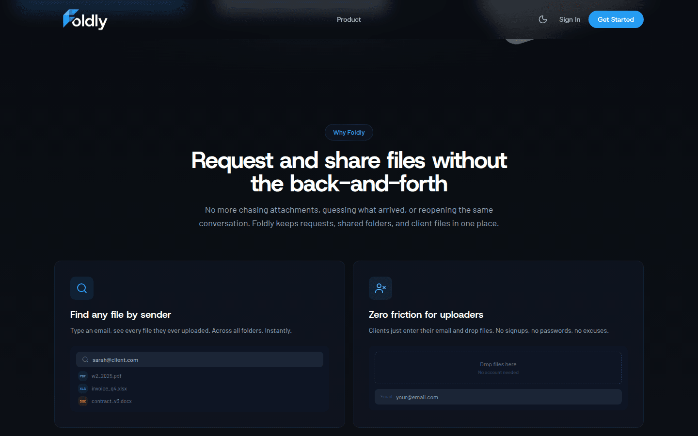 Foldly product page showing account-free file requests, sender search, and uploader handoff cards.