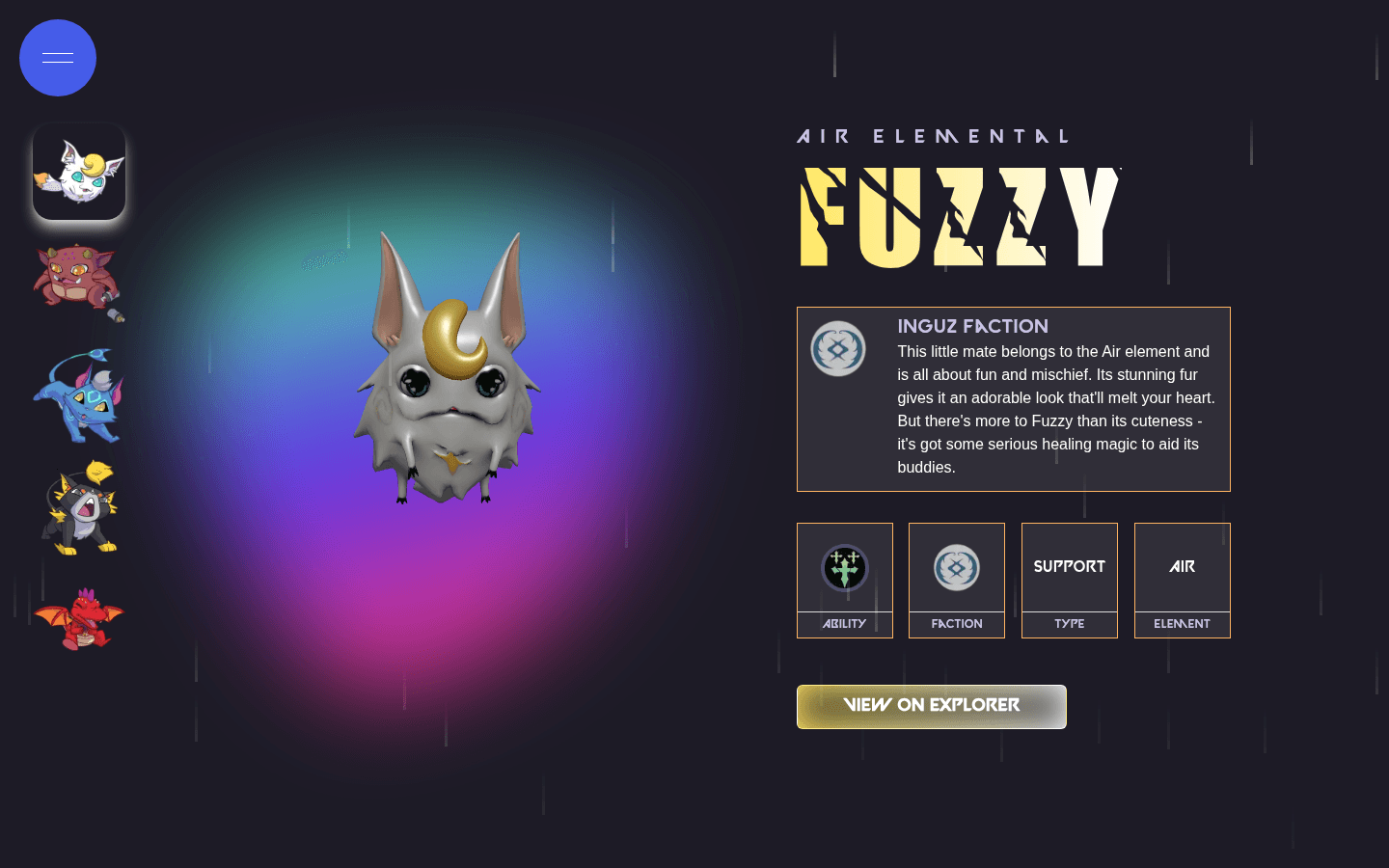 Gunny Games character screen showing the Air elemental Fuzzy, a 3D creature, lore, traits, and explorer action.